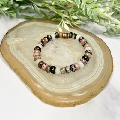 Rhodonite and moonstone stretch bracelet- Artisan Made