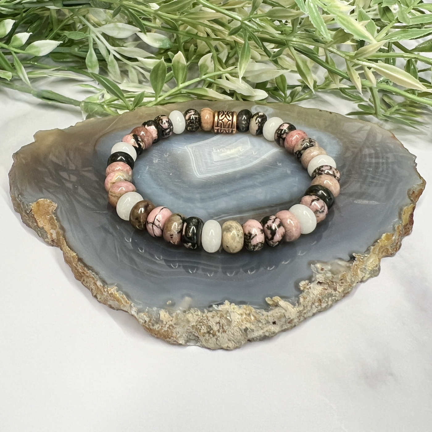 Rhodonite and moonstone stretch bracelet- Artisan Made