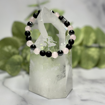 Rose Quartz, Black Onyx, & Hematite Stretch Bracelet - Artisan Made