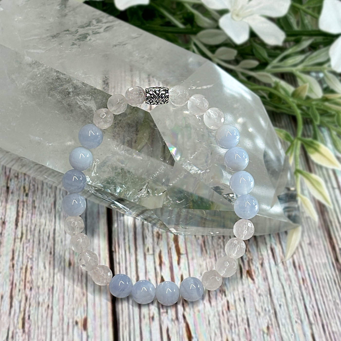 Rose Quartz & Blue Lace Agate Stretch Bracelet - Artisan Made