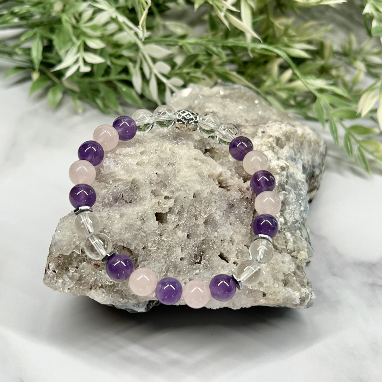 Rose Quartz, Clear Quartz & Amethyst Stretch Bracelet - Artisan Made