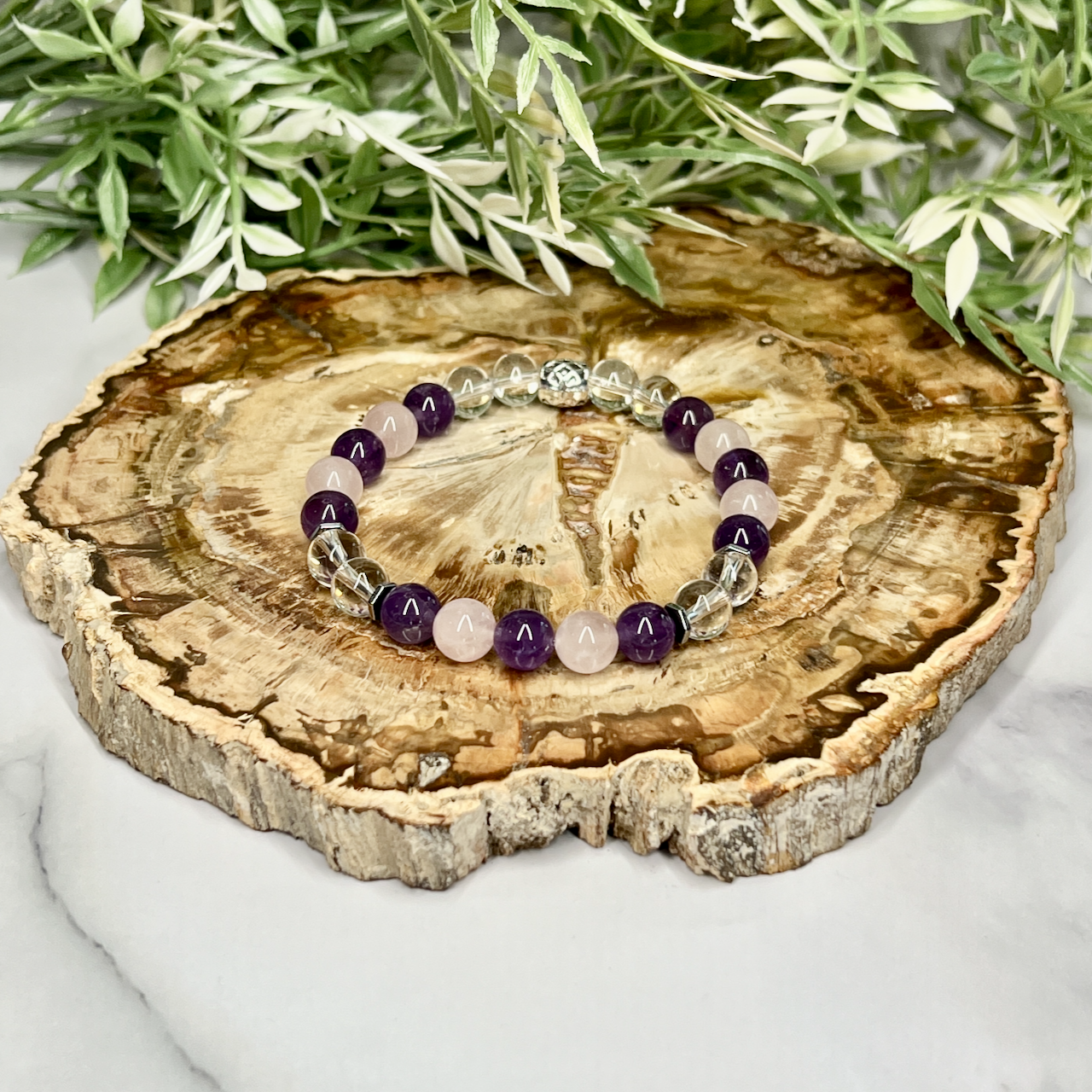 Rose Quartz, Clear Quartz & Amethyst Stretch Bracelet - Artisan Made