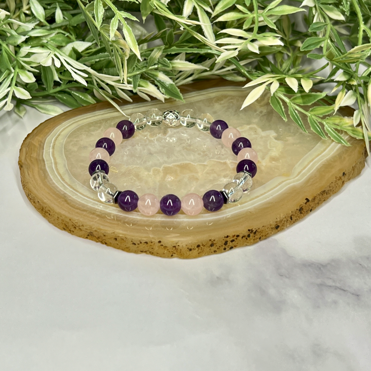 Rose Quartz, Clear Quartz & Amethyst Stretch Bracelet - Artisan Made