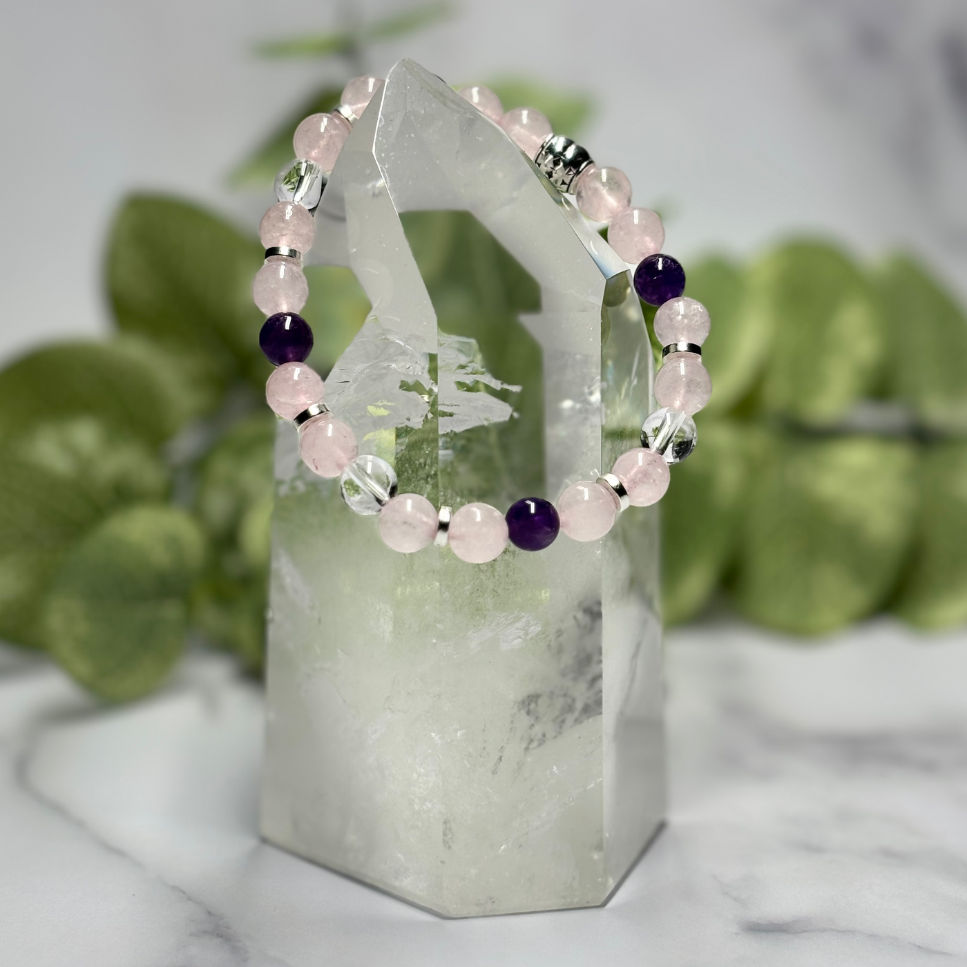 Rose Quartz, Clear Quartz & Amethyst Stretch Bracelet - Artisan Made