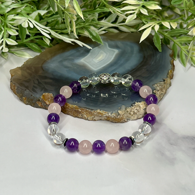 Rose Quartz, Clear Quartz & Amethyst Stretch Bracelet - Artisan Made