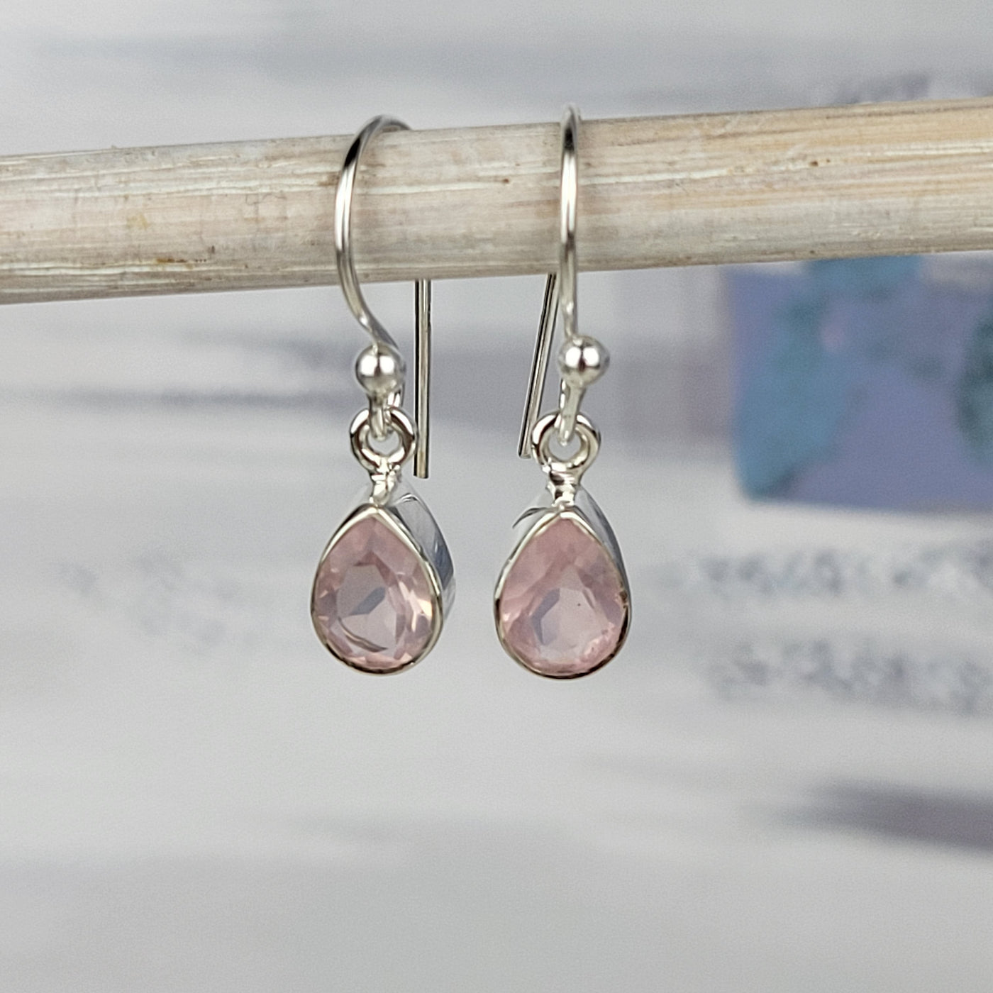 Rose Quartz Faceted Bezel Set sterling silver Dangle Earring .3" Teardrop Gemstone
