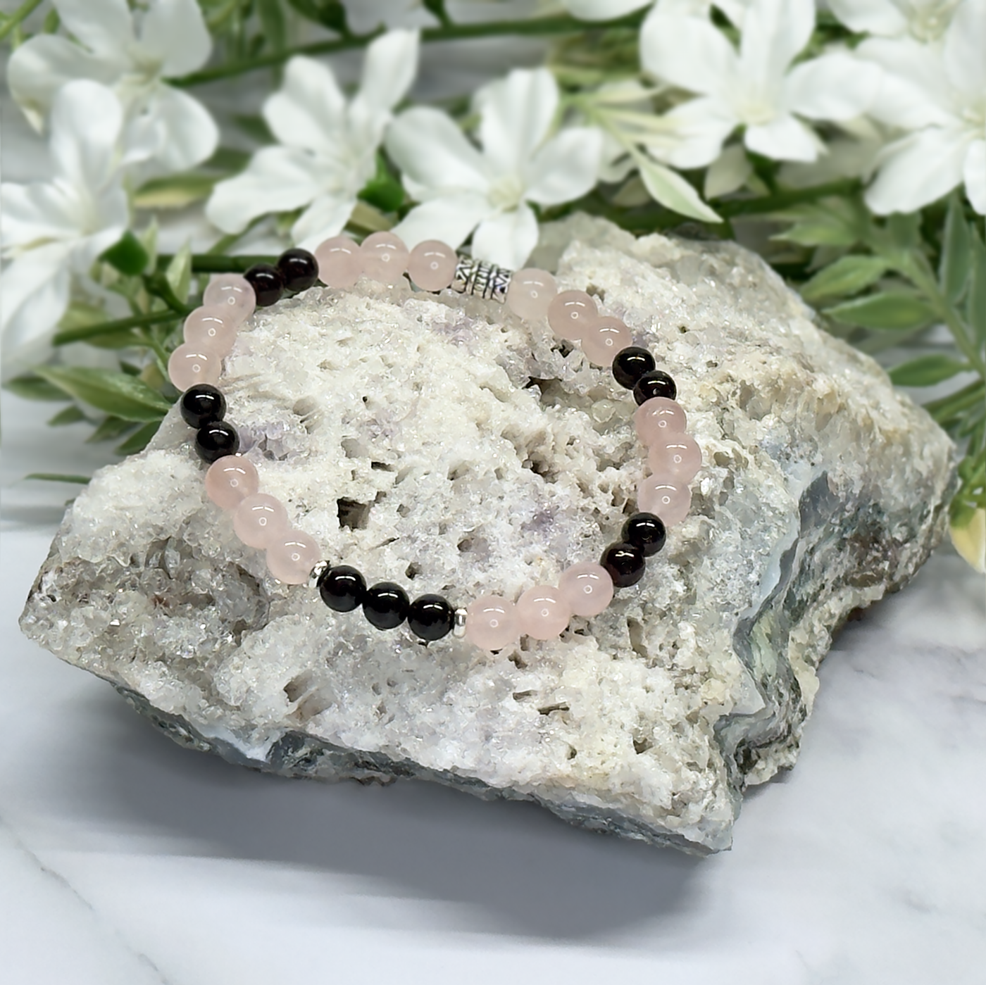 Rose Quartz, Garnet and Silver 6mm Stretch Bracelet - Artisan Made