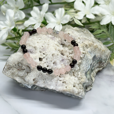 Rose Quartz, Garnet and Silver 6mm Stretch Bracelet - Artisan Made