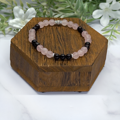 Rose Quartz, Garnet and Silver 6mm Stretch Bracelet - Artisan Made