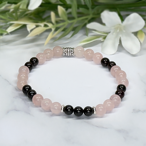 Rose Quartz, Garnet and Silver 6mm Stretch Bracelet - Artisan Made