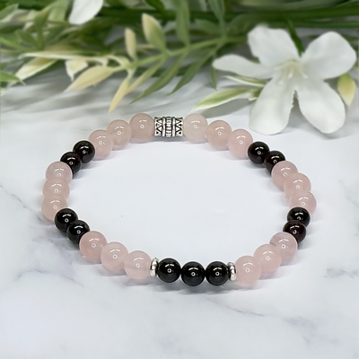 Rose Quartz, Garnet and Silver 6mm Stretch Bracelet - Artisan Made
