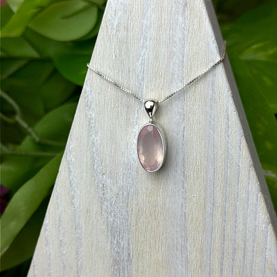 Rose Quartz Polished Beveled Oval Pendant (.5 - .75") sterling silver