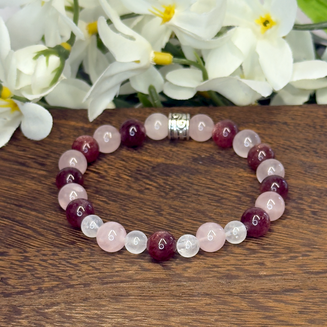 Rose Quartz, Strawberry Quartz & Moonstone Stretch Bracelet - Artisan Made