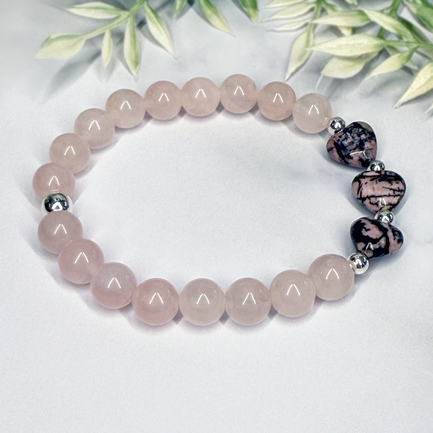 Rose Quartz and Rhodonite Stretch Bracelet - Artisan Made