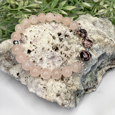 Rose Quartz and Rhodonite Stretch Bracelet - Artisan Made