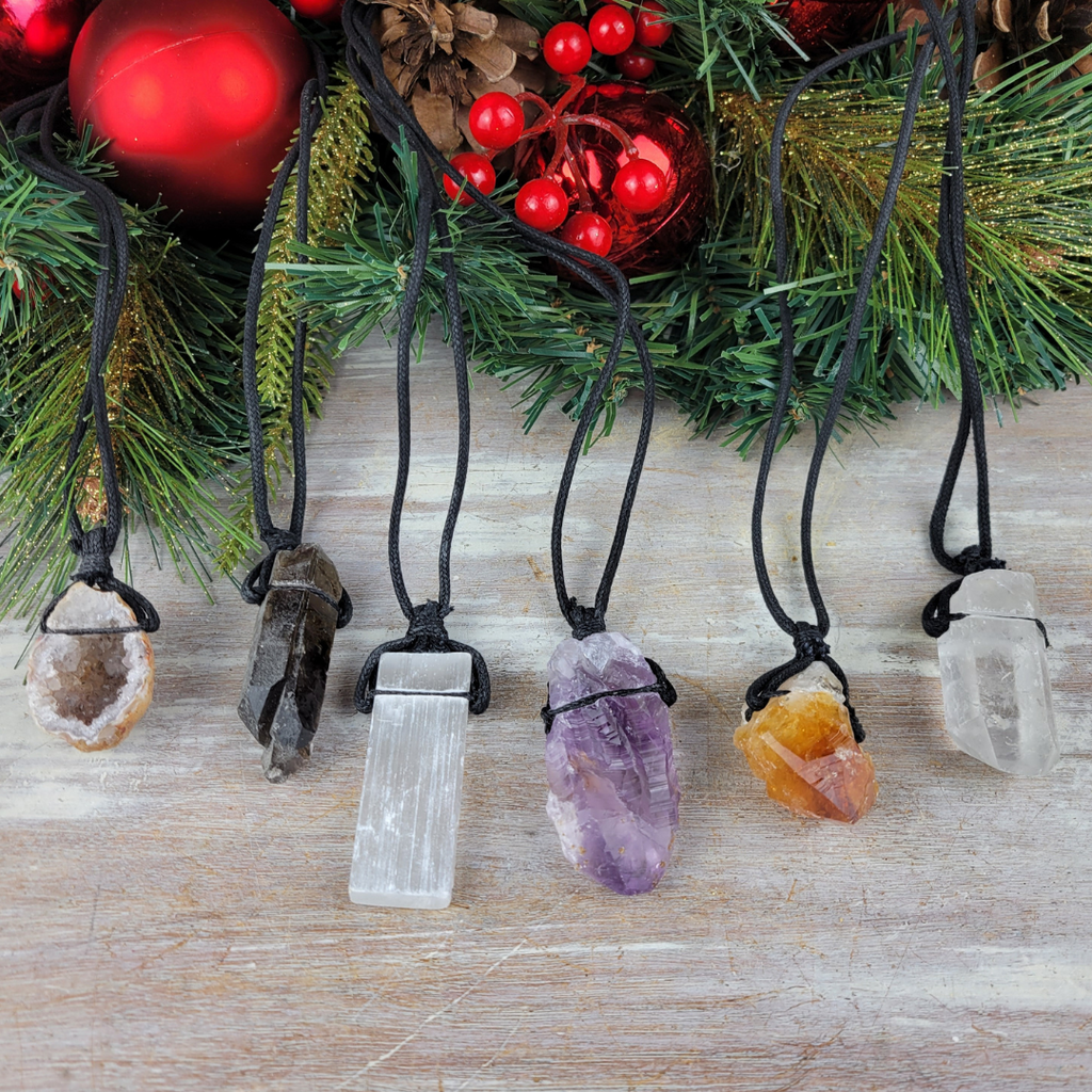 Rough Gemstone Cord Necklace Adjustable Amethyst Black Tourmaline