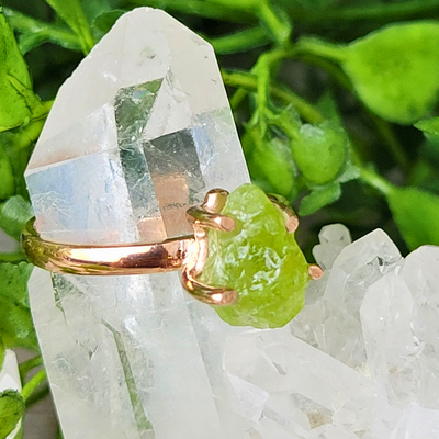 Rough Peridot Rose Gold Prong Ring-Adjustable