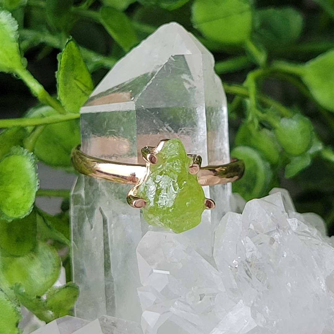 Rough Peridot Rose Gold Prong Ring-Adjustable