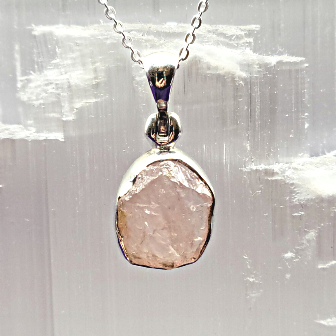 Rough Rose Quartz Bezel Set sterling silver Necklace