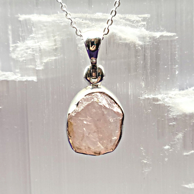 Rough Rose Quartz Bezel Set sterling silver Necklace