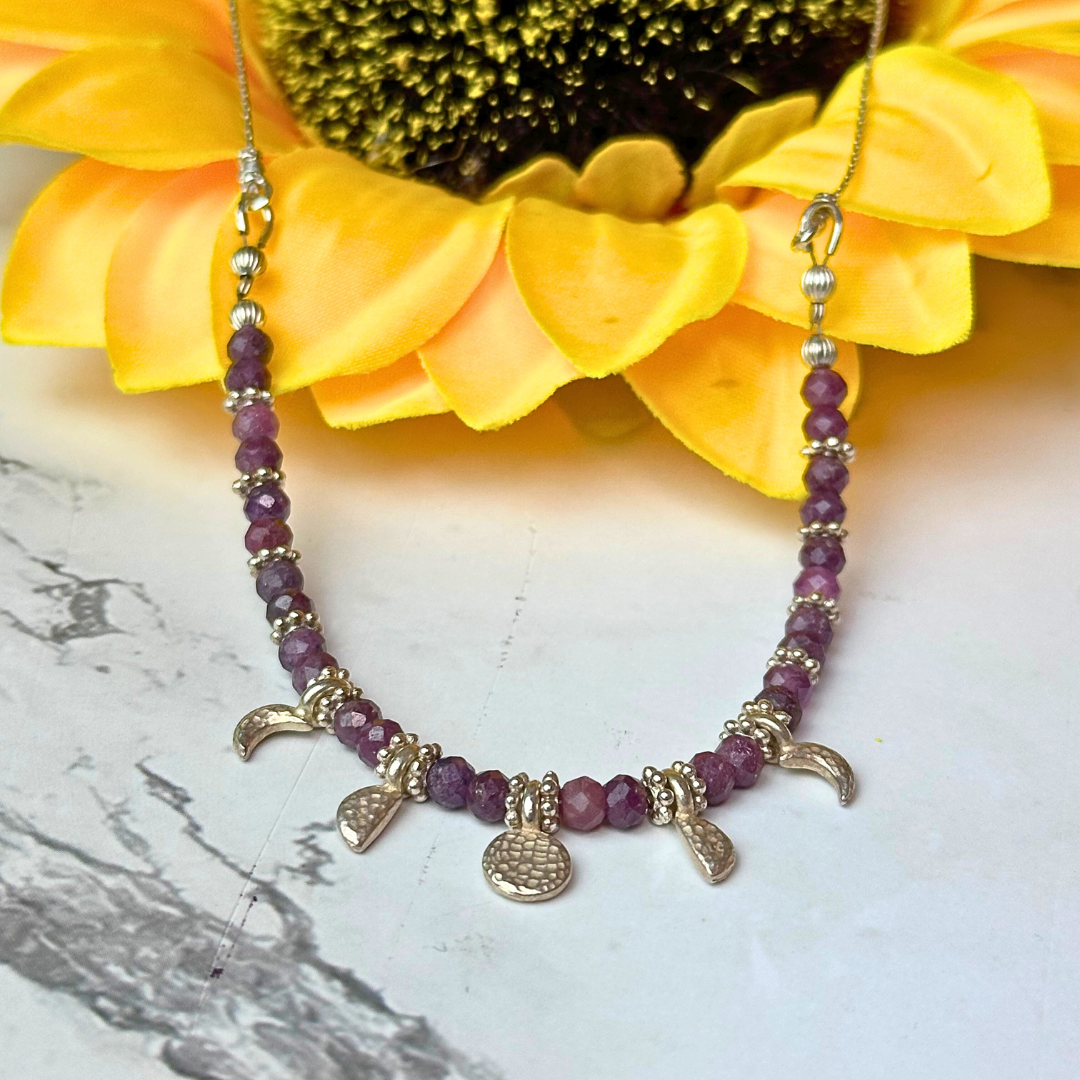 "Ruby Moon Phases" Ruby Moon Charm Necklace - Artisan Made