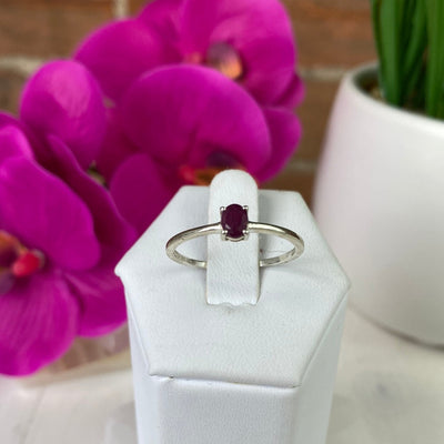 Ruby Round Faceted Ring with Sterling Silver Prong Setting in a Sized Band