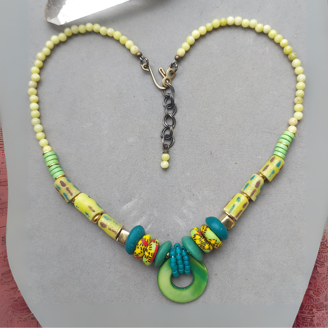 "Safari" Peridot Jade & African Recycled Glass Necklace - Artisan Made