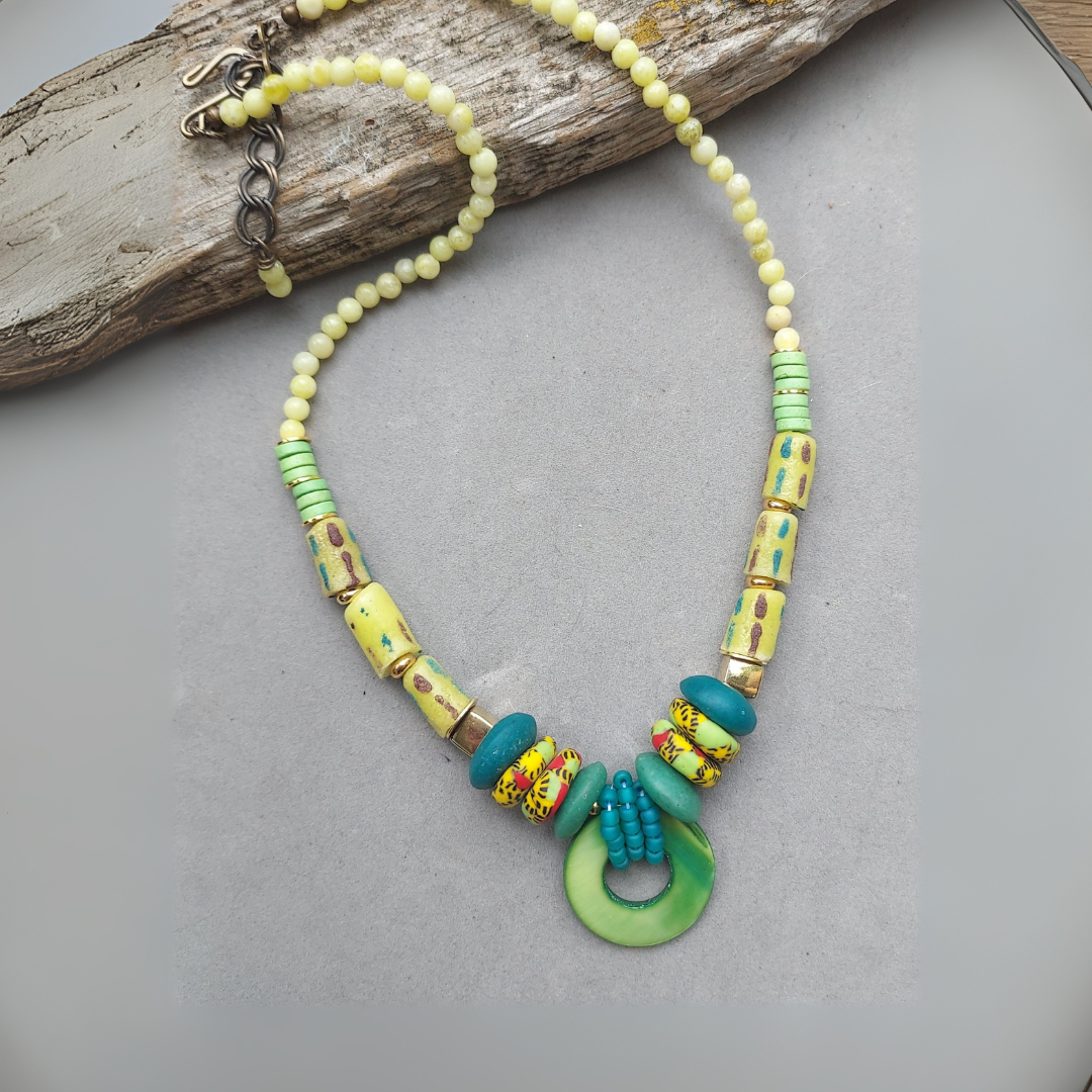 "Safari" Peridot Jade & African Recycled Glass Necklace - Artisan Made