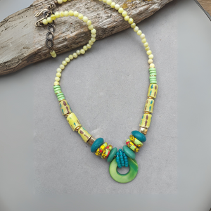 "Safari" Peridot Jade & African Recycled Glass Necklace - Artisan Made
