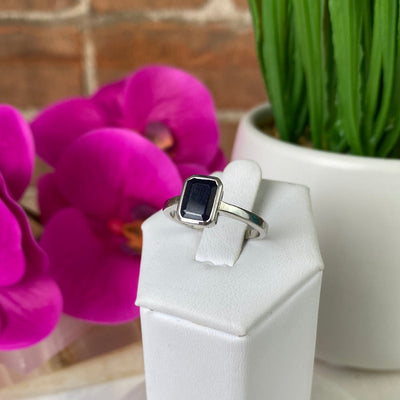 Sapphire Emerald Cut Bezel Sterling Silver Ring