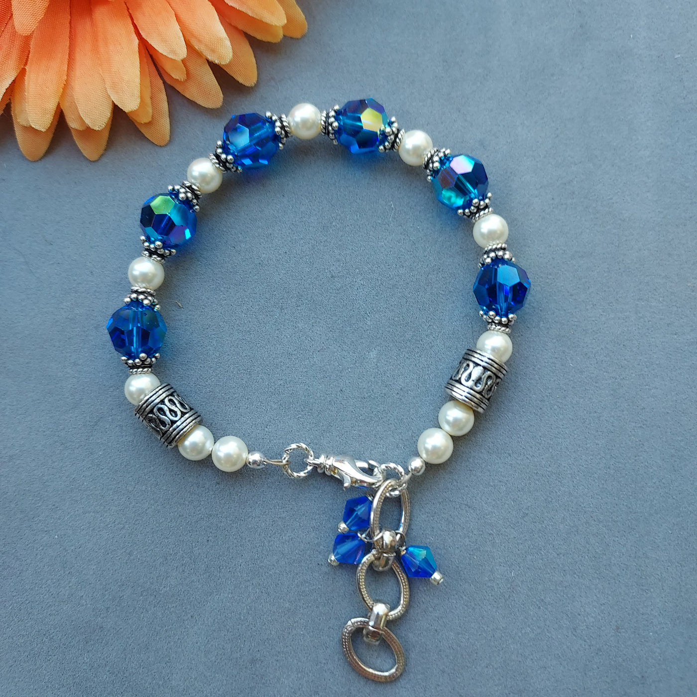 "Sapphire & Pearls" Adjustable Bracelet - Artisan Made
