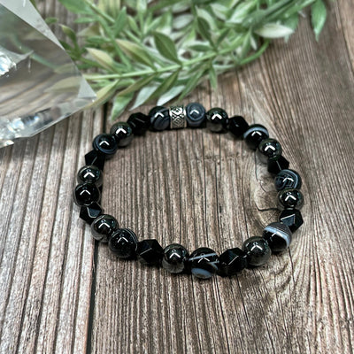 Sardonyx, Onyx, & Hematite Stretch Bracelet - Artisan Made