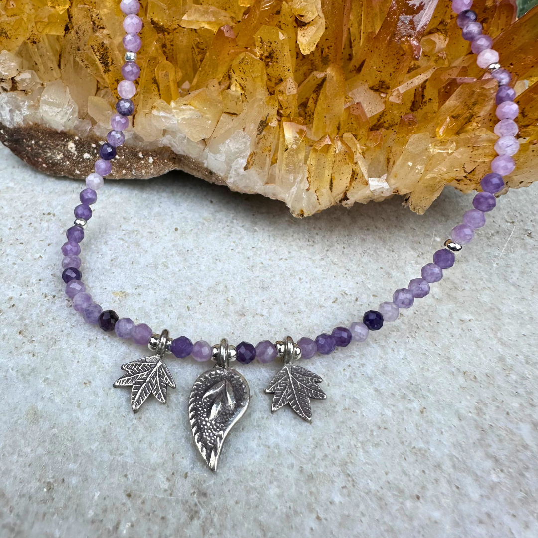 "Seek Peace and Calm" Lepidolite and Hill Tribes Silver Leaf Necklace - Artisan Made