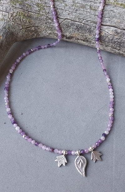 "Seek Peace and Calm" Lepidolite and Hill Tribes Silver Leaf Necklace - Artisan Made