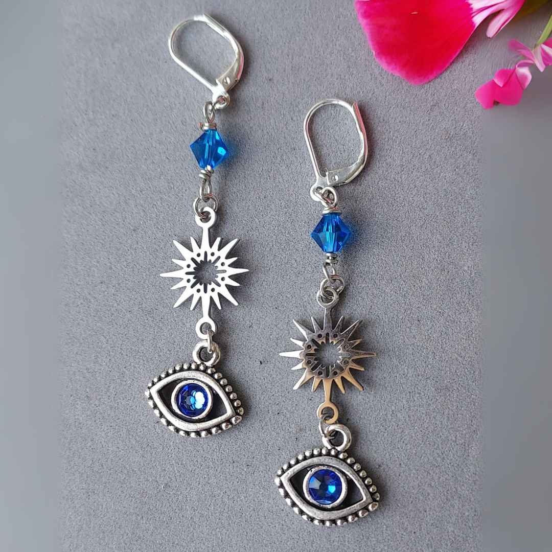 "Seek Your Power" Evil Eye & Sapphire Swarovski Crystal Earrings - Artisan Made