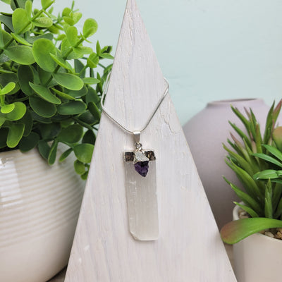 Selenite Blade silver Plated Pendant (Citrine, Amethyst, Kyanite, Tourmaline)
