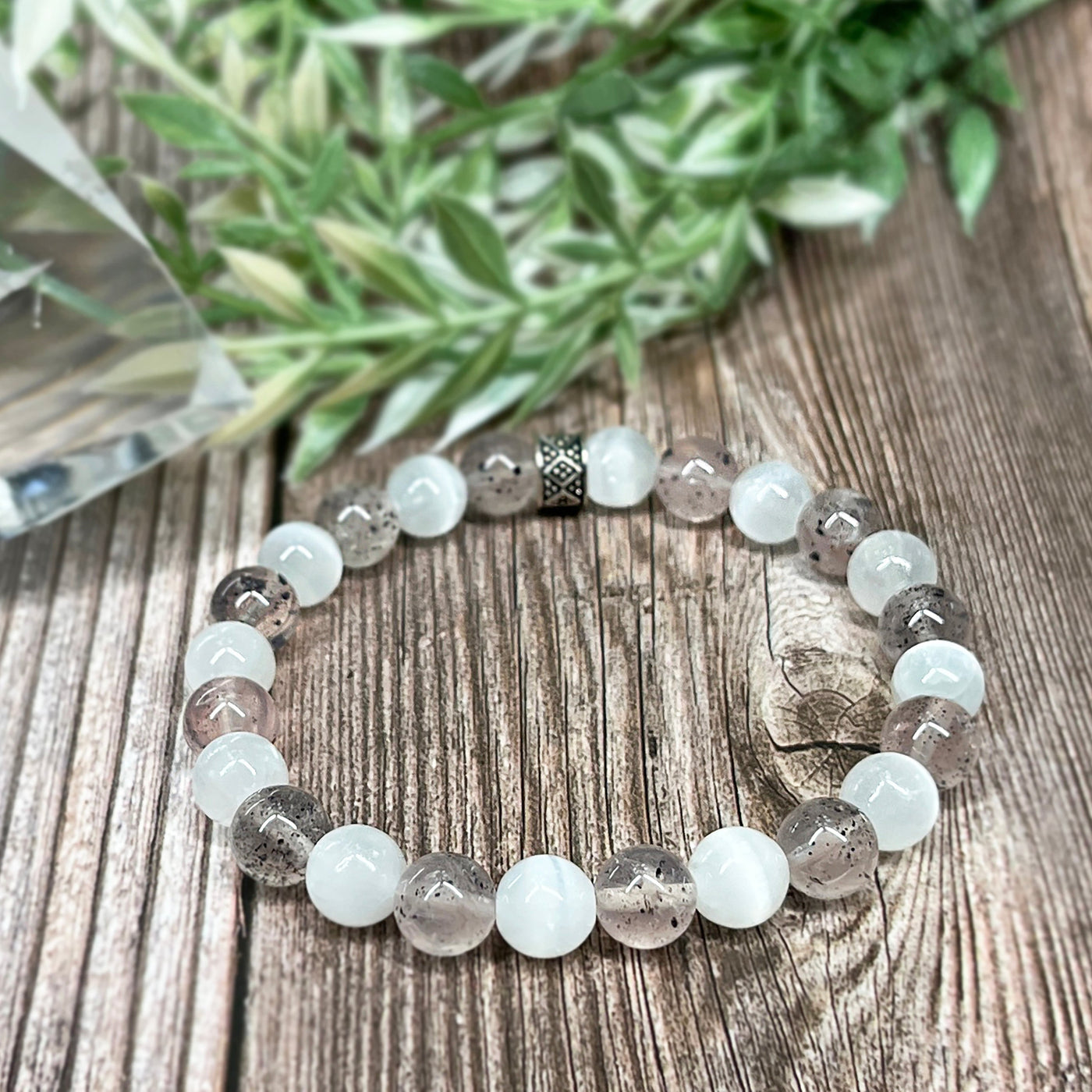 Selenite & Strawberry Quartz with Hematite Stretch Bracelet - Artisan Made