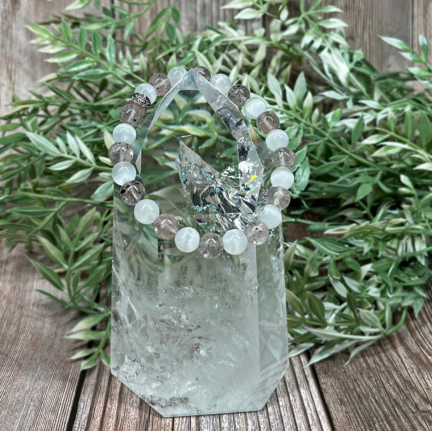 Selenite & Strawberry Quartz with Hematite Stretch Bracelet - Artisan Made