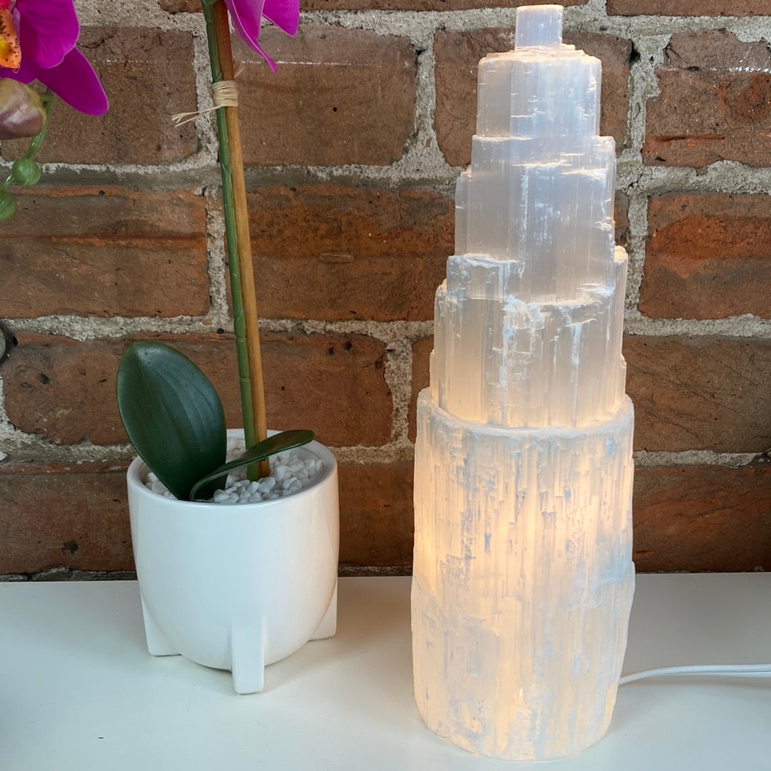 Selenite Tower Lamp 12" with bulb and cord