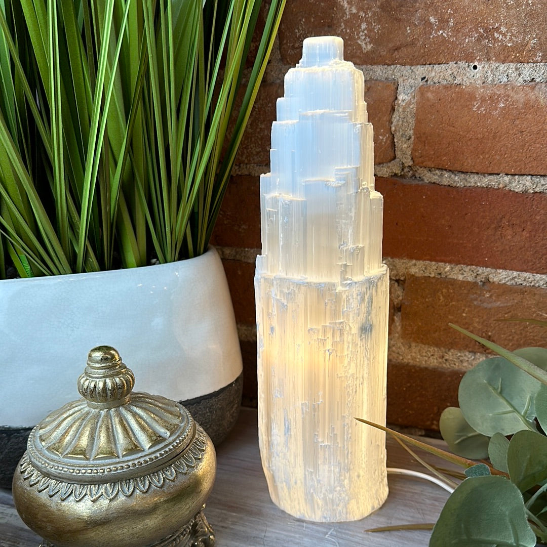 Selenite Tower Lamp 15" with bulb and cord