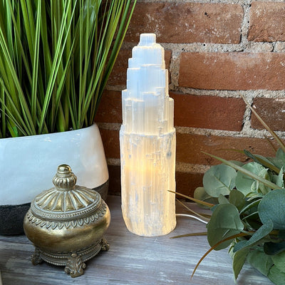 Selenite Tower Lamp 15" with bulb and cord