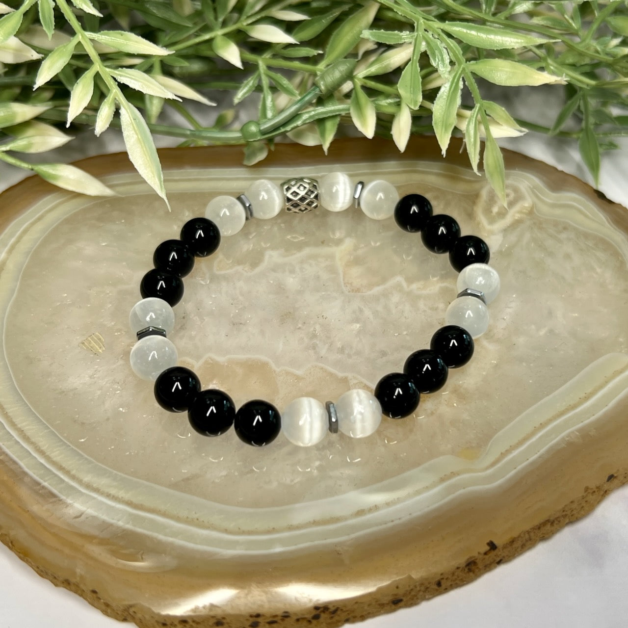 Selenite and Black Onyx Stretch Bracelet - Artisan Made