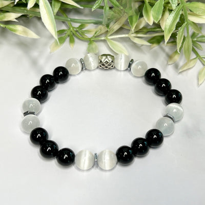 Selenite and Black Onyx Stretch Bracelet - Artisan Made