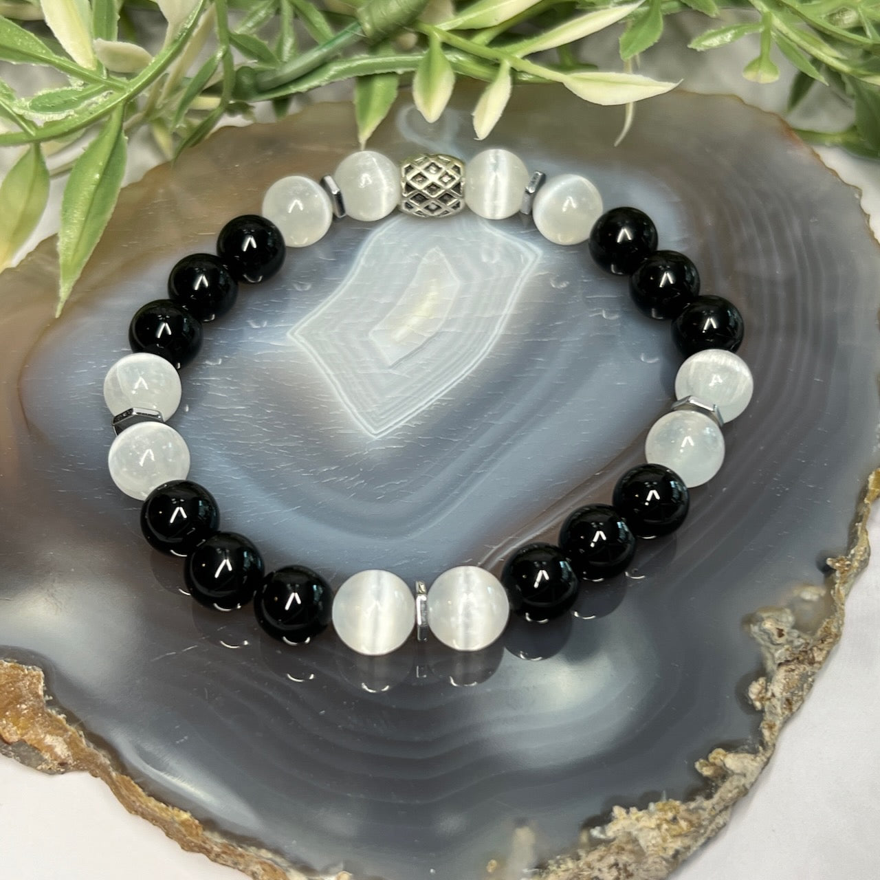 Selenite and Black Onyx Stretch Bracelet - Artisan Made