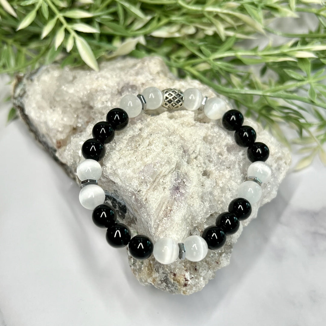 Black tourmaline, green amethyst, pearl, moonstone, larimar Silver plated deals bracelet