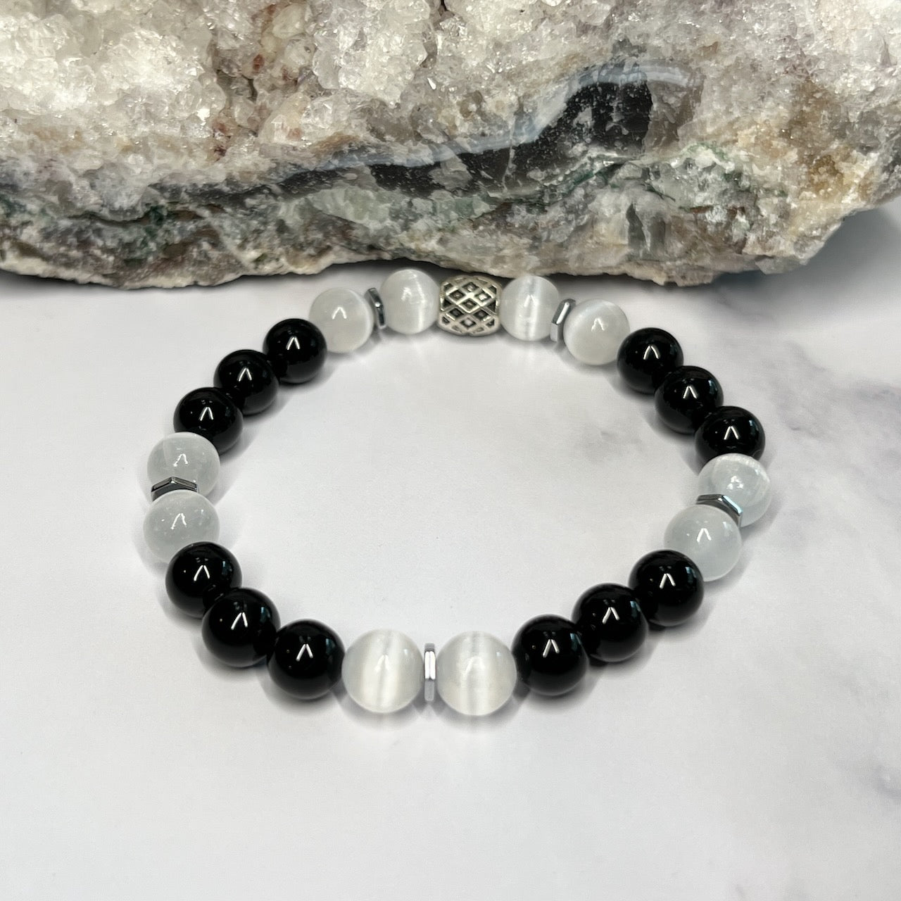 Selenite and Black Onyx Stretch Bracelet - Artisan Made