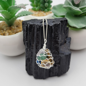 silver Basket Cage Pendant w/ Tumbled Chakra Stones