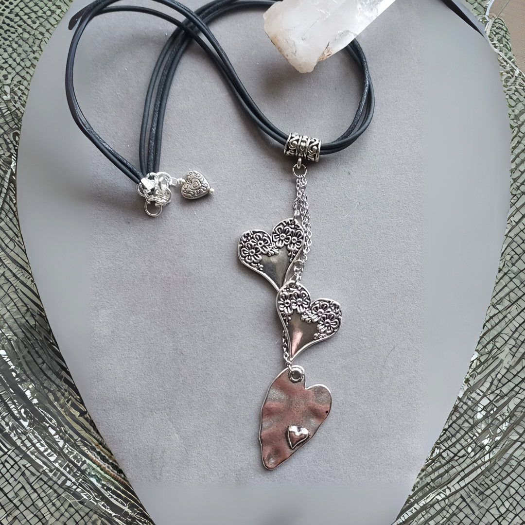 "Silver Hearts" Leather Cord Necklace- Artisan Made