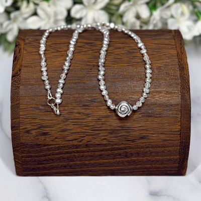 Silver Pearl and Moonstone Necklace w/ Sterling Silver Sundial Shell Bead - Artisan Made