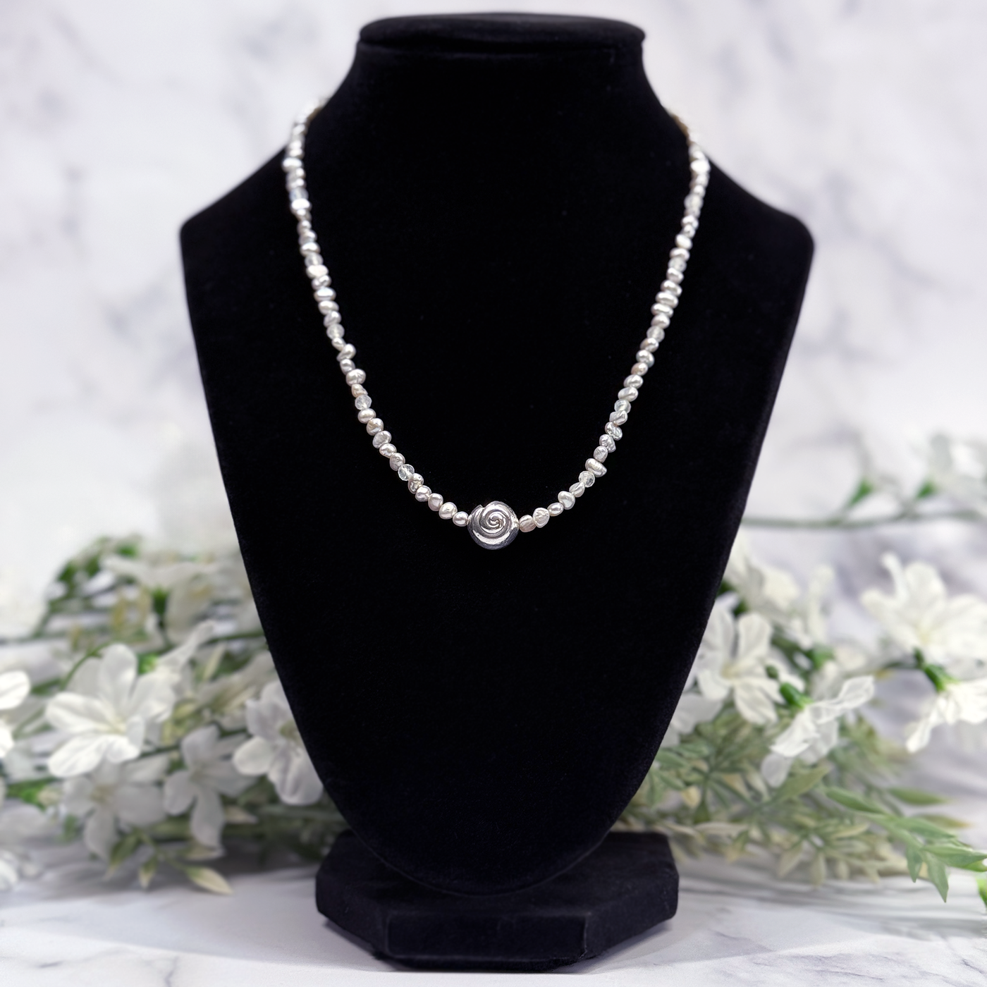 Silver Pearl and Moonstone Necklace w/ Sterling Silver Sundial Shell Bead - Artisan Made